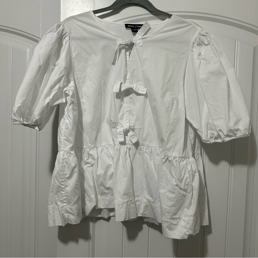 Nautica White Puff Sleeve Blouse with Bow